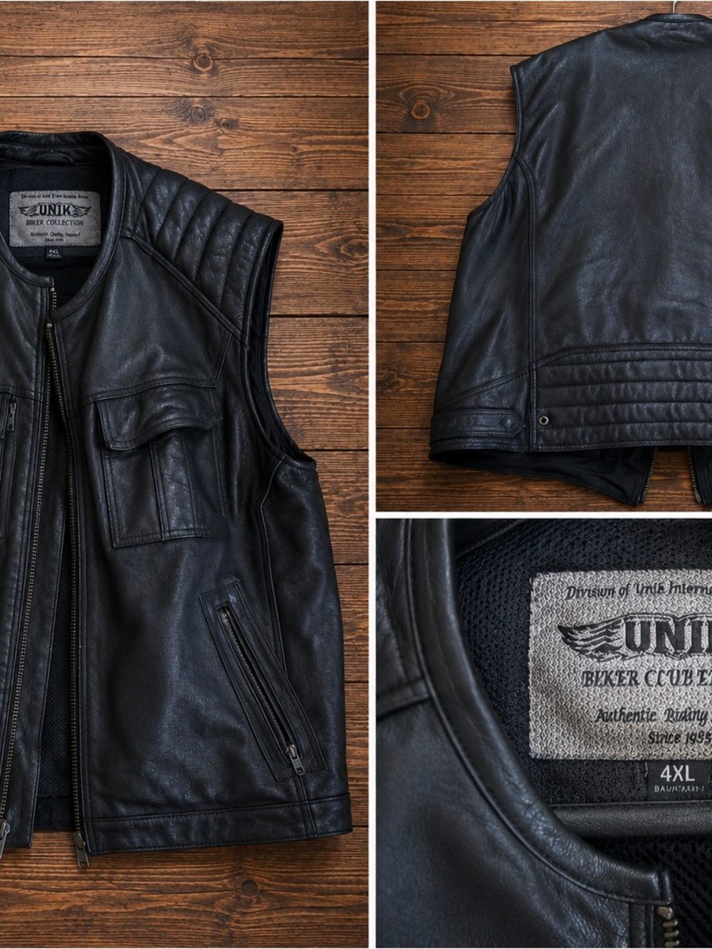 Unik Black Quilted Shoulder Leather Biker Vest for Men